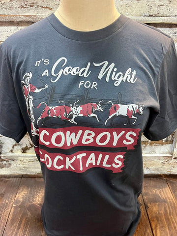 Women's Emily Charcoal T-Shirt with vintage-inspired graphic design, comfortable cotton blend - GOOD NIGHT. Available at Blair's Western Wear, Marble Falls, TX.