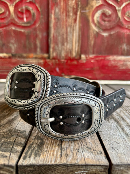 Women’s Gem Dandy Western Concho Belt in Black, genuine leather strap that holds its shape with engraved antique silver conchos, with decorative hand-tooled leather pattern and raised stud accents - 7909390BK. Available at Blair's Western Wear, Marble Falls, TX.