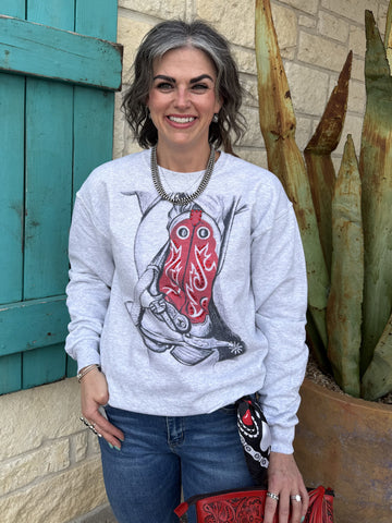 Women’s heather gray graphic sweatshirt with rhinestone western boot design, relaxed pullover fit with sparkling red boot graphic - Boot Bling. Available at Blair's Western Wear, Marble Falls, TX