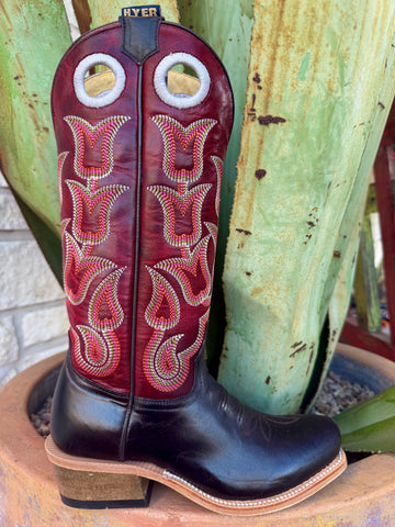 Women’s Hyer Western cutter toe boots in black and burgundy, smooth leather foot for durability, with embroidered leather shaft for standout Western style - HW42015. Available at Blair's Western Wear, Marble Falls, TX.