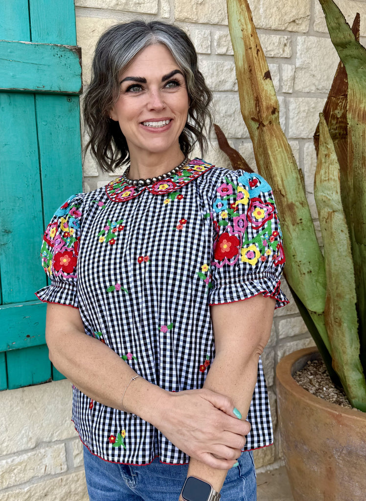 Women’s Ivy Jane blouse gingham floral embroidered top in black and white, vibrant multicolor embroidery with puff sleeves - 641493. Available at Blair's Western Wear, Marble Falls, TX.