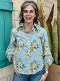 Women’s Ivy Jane blouse floral button-up top in blue, tiered puff sleeves with contrast trim detailing - 641473. Available at Blair's Western Wear, Marble Falls, TX