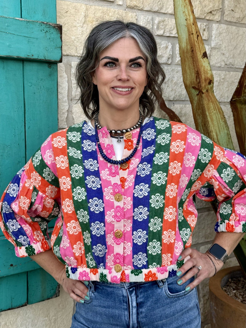 Women’s Ivy Jane Blouse Floral Stripe Top in multi color, lightweight woven fabric with puff sleeves and button-front detail - 140076. Available at Blair's Western Wear, Marble Falls, TX.