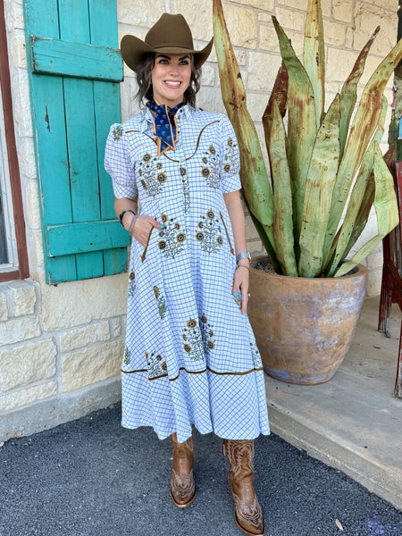 Women’s Ivy Jane dress embroidered plaid midi dress in blue and white, floral embroidery with puff sleeves and button front - 74622. Available at Blair's Western Wear, Marble Falls, TX.