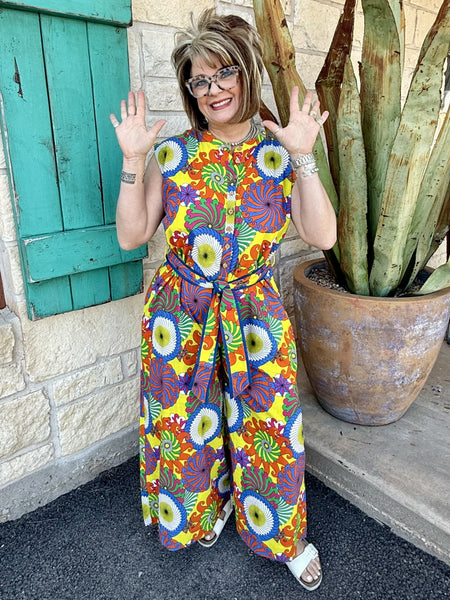 Women's Ivy Jane multi-color jumpsuit featuring a quarter button-up front and removable belt, designed with a wide-leg silhouette for comfort and style - 85003. Available at Blair's Western Wear, Marble Falls, TX.