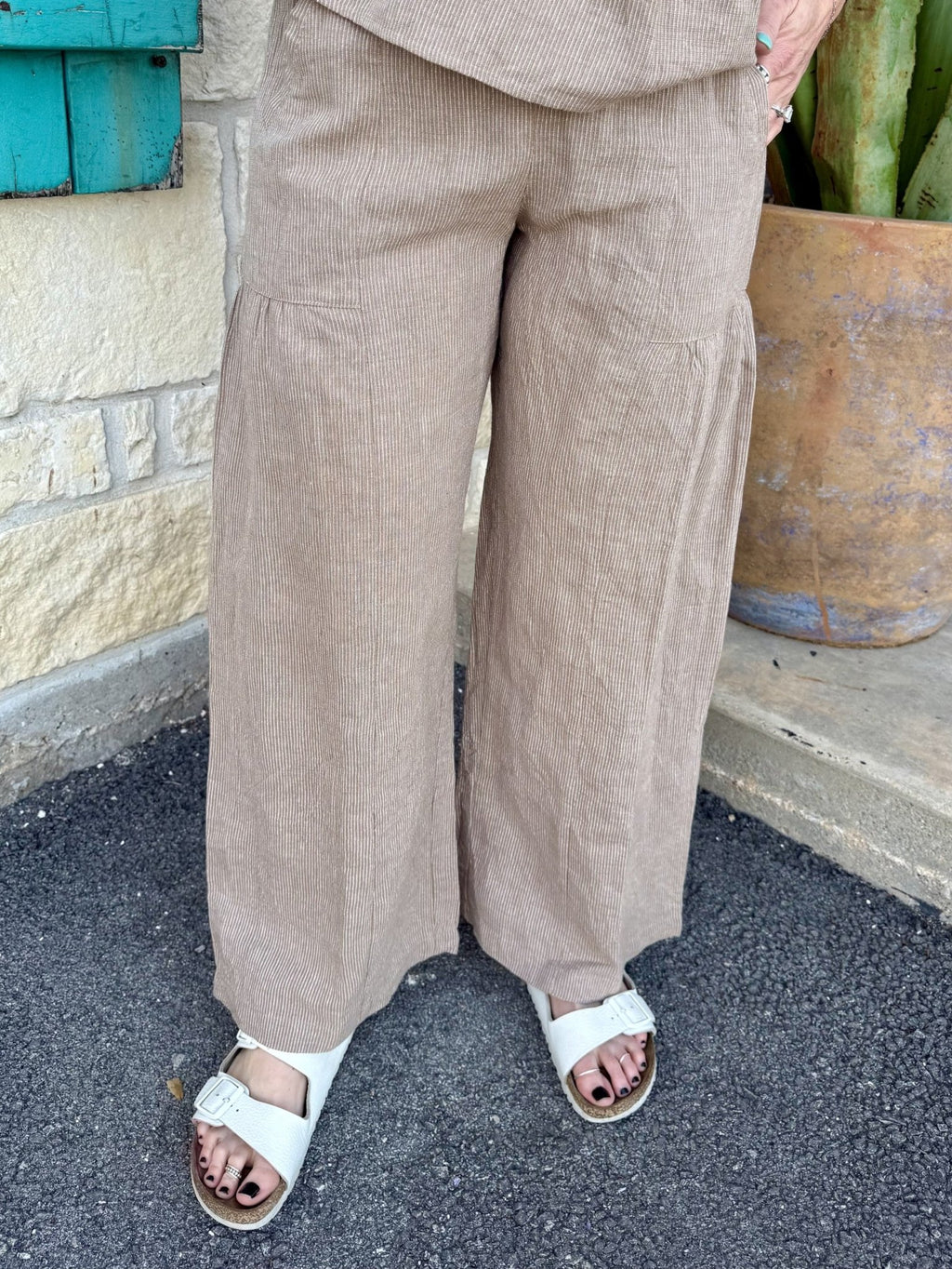 Women’s Ivy Jane taupe textured wide leg pants with elastic waistband and side pockets - 240041K. Available at Blair's Western Wear, Marble Falls, TX