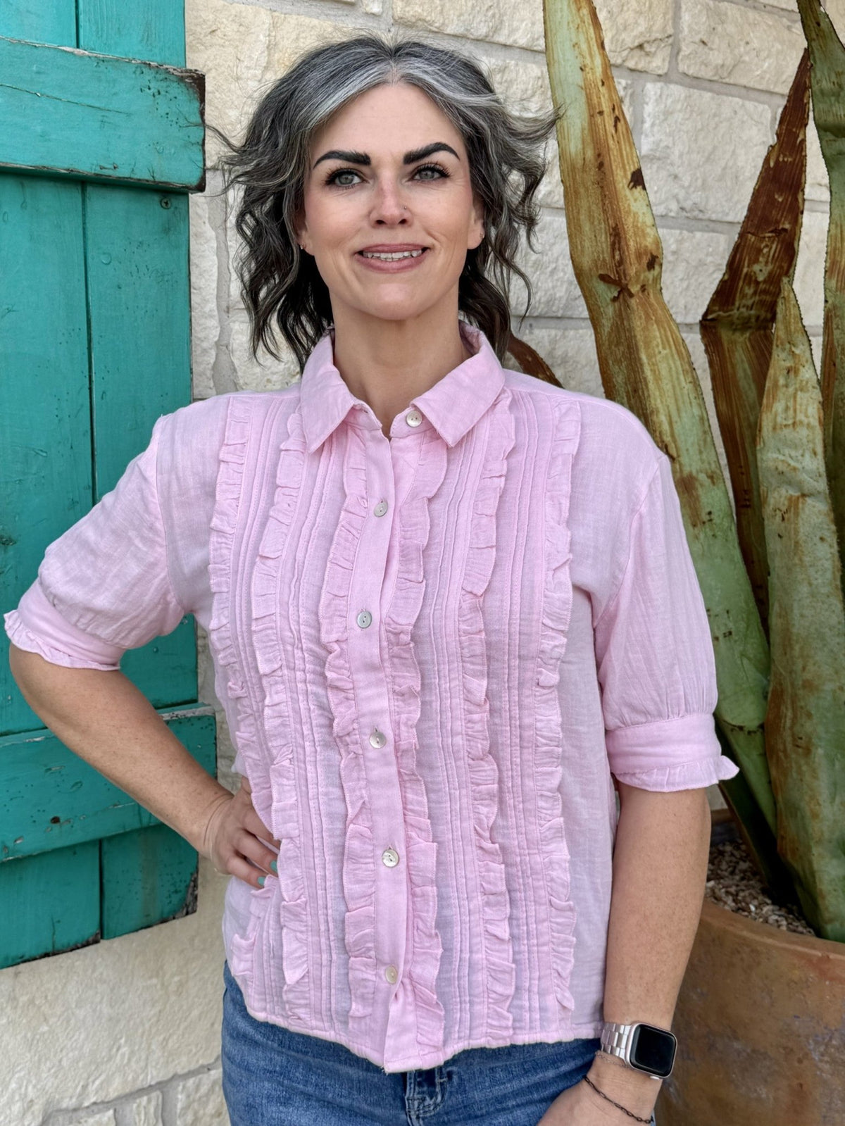 Women’s Ivy Jane top ruffle button-up blouse in pink, vertical ruffle detailing with short puff sleeves - 641496. Available at Blair's Western Wear, Marble Falls, TX.
