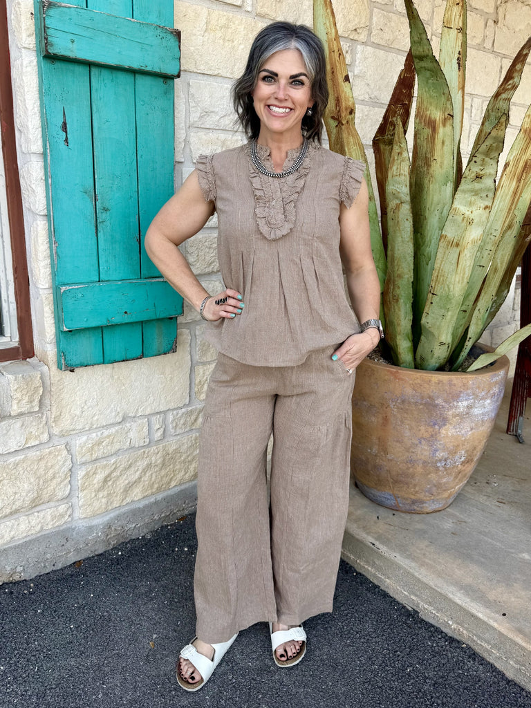 Women’s Ivy Jane blouse taupe ruffle pintuck top, textured fabric with flutter sleeves and pleated front detail - 641485. Available at Blair's Western Wear, Marble Falls, TX.