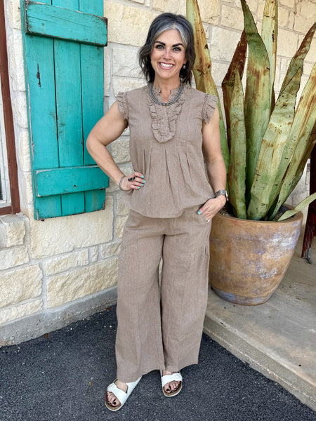 Women’s Ivy Jane blouse taupe ruffle pintuck top, textured fabric with flutter sleeves and pleated front detail - 641485. Available at Blair's Western Wear, Marble Falls, TX.