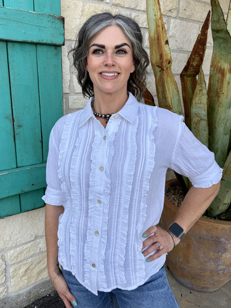 Women’s Ivy Jane top ruffle button-up blouse in white, vertical ruffle detailing with short puff sleeves - 641496. Available at Blair's Western Wear, Marble Falls, TX.