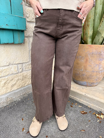 Women’s jeans barrel fit denim jeans in chocolate brown, comfortable stretch denim - T6977TOT. Available at Blair's Western Wear, Marble Falls, TX.