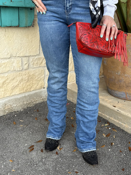 Women’s medium wash bootcut denim jeans with mid-rise waist and classic five-pocket design - LV2175. Available at Blair's Western Wear, Marble Falls, TX.