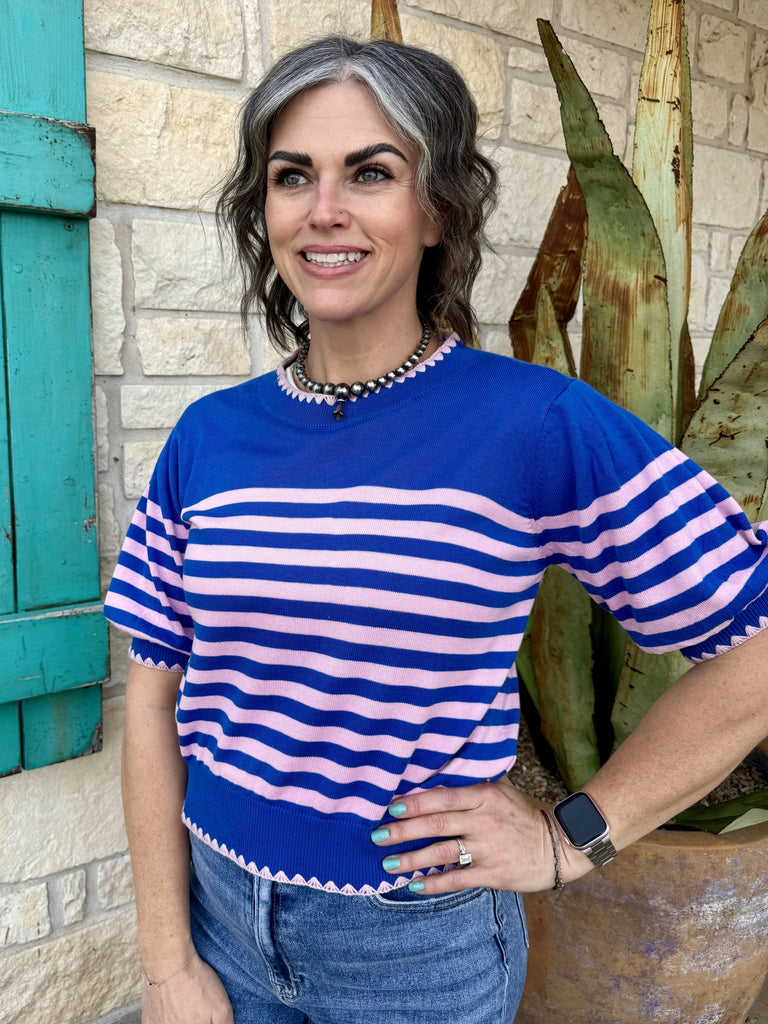 Women’s knit short sleeve sweater in blue and pink stripes, lightweight breathable fabric with scalloped ribbed trim - ITK3971805. Available at Blair's Western Wear, Marble Falls, TX