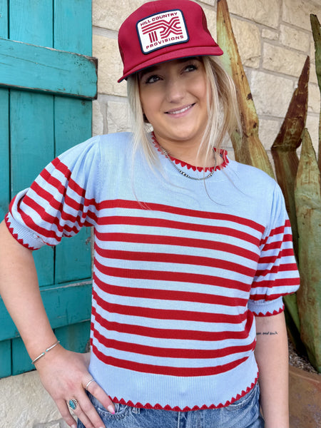 Women’s knit short sleeve sweater in light blue and red stripes, lightweight breathable fabric with scalloped ribbed trim - ITK3971805. Available at Blair's Western Wear, Marble Falls, TX.