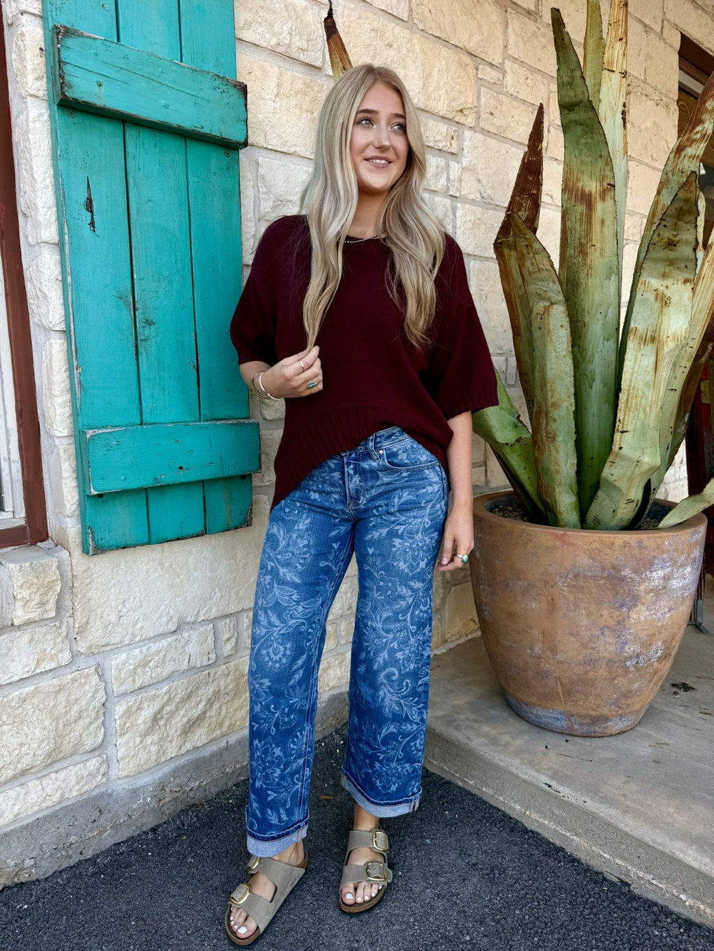 PSA21692 — Women's medium-light blue wash straight ankle jeans with full-coverage tone-on-tone baroque floral and scroll laser print featuring large damask-style floral blooms and sweeping acanthus leaf and scroll vine motifs laser-etched in lighter blue over the denim base, mid-rise fit, relaxed straight leg, and cuffed ankle hem — Blair's Western Wear Marble Falls TX