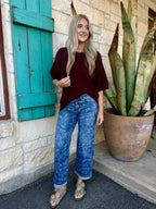 PSA21692 — Women's medium-light blue wash straight ankle jeans with full-coverage tone-on-tone baroque floral and scroll laser print featuring large damask-style floral blooms and sweeping acanthus leaf and scroll vine motifs laser-etched in lighter blue over the denim base, mid-rise fit, relaxed straight leg, and cuffed ankle hem — Blair's Western Wear Marble Falls TX