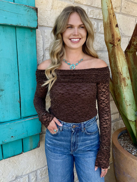 Women's chocolate brown off-the-shoulder burnout lace top with long sleeves and fitted bardot silhouette — Blair's Western Wear Marble Falls TX
