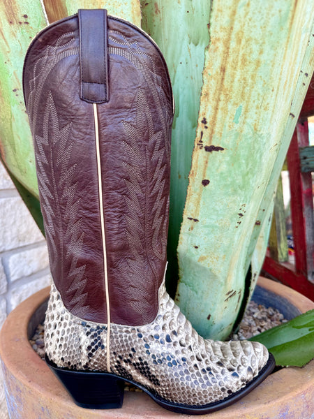 Women’s Macie Bean Western Boot in brown leather shaft and natural snake-skin foot, featuring a textured exotic vamp and a durable leather outsole stamped “Top Hand” – M4003. Available at Blair’s Western Wear, Marble Falls, TX.