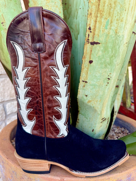 Women’s Macie Bean Western Boot with black suede, brown shaft, and natural inlay, featuring a breathable leather lining and hybrid outsole – M9523. Available at Blair's Western Wear, Marble Falls, TX.