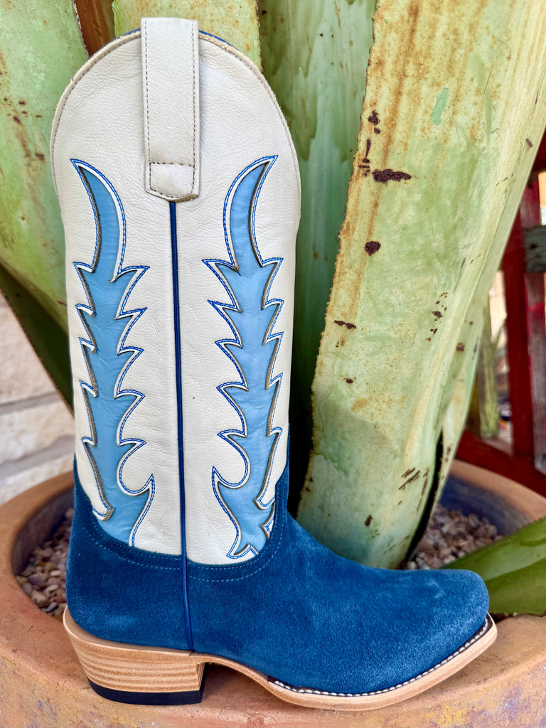 Women’s Macie Bean western boot with blue suede vamp and cream leather cutter-style shaft, built with a leather outsole and supportive stacked heel – M9521. Available at Blair's Western Wear, Marble Falls, TX.