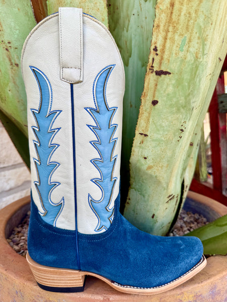 Women’s Macie Bean western boot with blue suede vamp and cream leather cutter-style shaft, built with a leather outsole and supportive stacked heel – M9521. Available at Blair's Western Wear, Marble Falls, TX.
