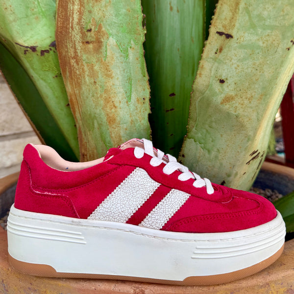 Women’s Madden Girl platform sneaker Livvyy in red multi, suede upper for soft flexible comfort, with elevated platform sole for added height and stability - LIVV02J1634080. Available at Blair's Western Wear, Marble Falls, TX.
