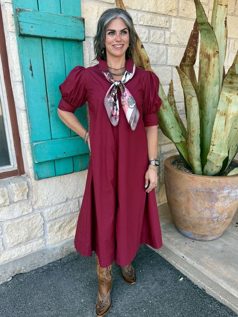 6736DAM — Women's deep maroon puff sleeve pleated swing midi dress with gathered shoulder cap sleeves, fitted elbow-length cuffs, collared placket neckline, and generous A-line swing skirt in crisp poplin fabric — Blair's Western Wear Marble Falls TX