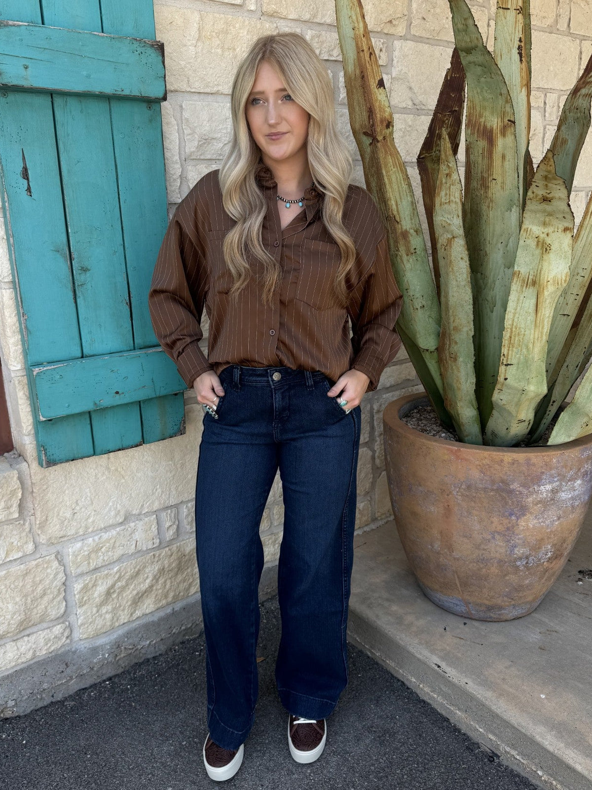 Women's dark denim mid rise wide leg trouser jean — full front view — Blair's Western Wear Marble Falls TX