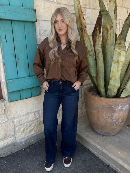 Women's dark denim mid rise wide leg trouser jean — full front view — Blair's Western Wear Marble Falls TX
