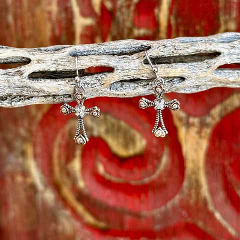 Women’s Montana Silversmiths cross dangle earrings with heart accents in silver and rose gold, faith-inspired cross design with crystal center, lightweight dangle style for comfortable wear – ER6040. Available at Blair's Western Wear, Marble Falls, TX.