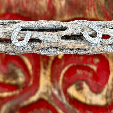 Women’s Montana Silversmiths silver horseshoe stud earrings with clear cubic zirconia accents, lightweight for comfortable all-day wear, with a secure post-back closure – ER808. Available at Blair's Western Wear, Marble Falls, TX.