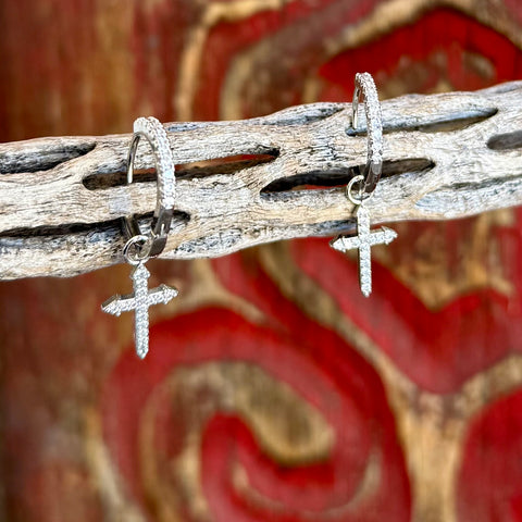 Women’s Montana Silversmiths earrings silver cross devotion hoop earrings in silver, lightweight pavé-accented hoops, with dangling cubic zirconia cross charms for comfortable everyday wear - ER5642. Available at Blair's Western Wear, Marble Falls, TX.
