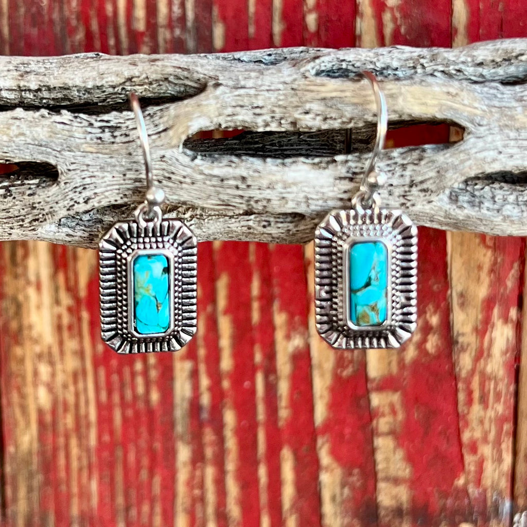 Women's Montana Silversmiths Earrings Turquoise Stone in turquoise, vibrant crafted turquoise with detailed silver-tone rectangle - ER6110. Available at Blair's Western Wear, Marble Falls, TX.