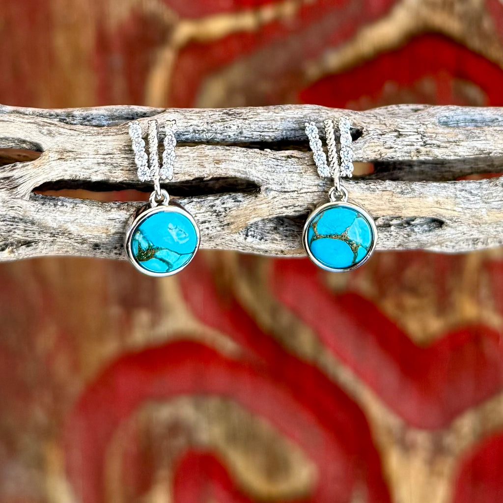 Women’s Montana Silversmiths earrings round drop turquoise in blue, lightweight trailing drop design for comfortable wear, with silver-toned twisted bail detail - ER6483. Available at Blair's Western Wear, Marble Falls, TX.