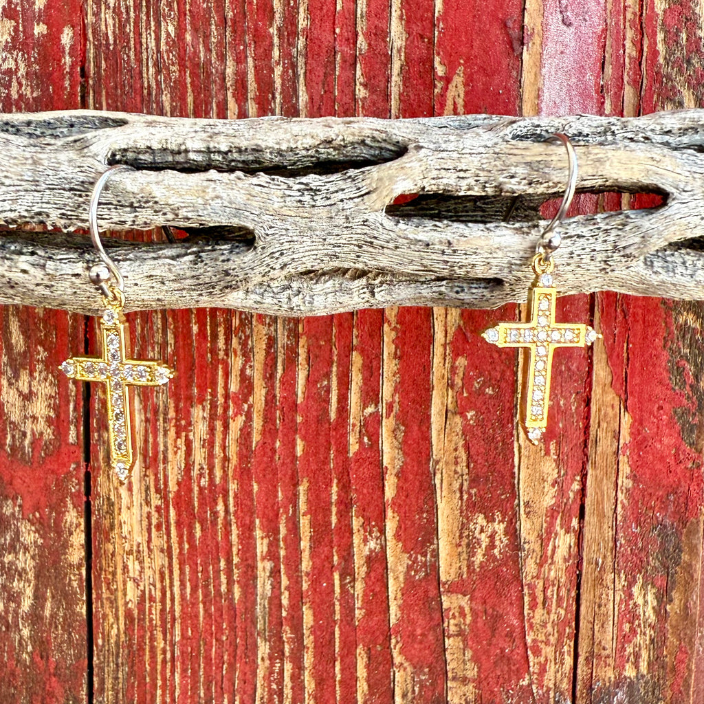 Women’s Montana Silversmiths gold cross earrings with cubic zirconia detailing, featuring tarnish-resistant Montana Armor finish and comfortable French wire hooks – ER6318. Available at Blair’s Western Wear, Marble Falls, TX.