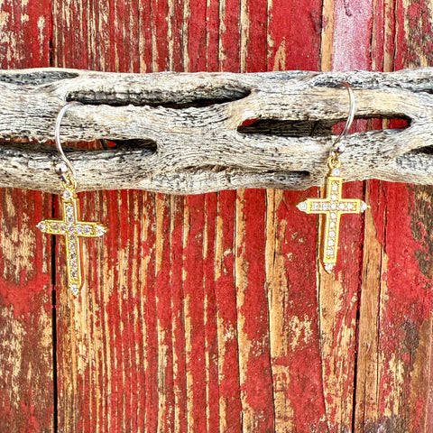 Women’s Montana Silversmiths gold cross earrings with cubic zirconia detailing, featuring tarnish-resistant Montana Armor finish and comfortable French wire hooks – ER6318. Available at Blair’s Western Wear, Marble Falls, TX.