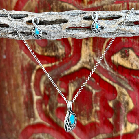 Women’s Montana Silversmiths jewelry set turquoise teardrop stone in silver tone, featuring lightweight earrings, with tarnish-resistant detailing – JS5620. Available at Blair's Western Wear, Marble Falls, TX.
