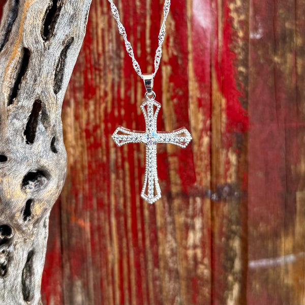 Women's Montana Silversmiths necklace silver cross pendant in silver, pavé-set clear cubic zirconia stones line the cross for consistent sparkle, with a centered square-cut stone for added brilliance - NC6474. Available at Blair's Western Wear, Marble Falls, TX.