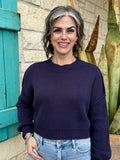Women’s navy knit cropped sweater with soft ribbed fabric and relaxed fit, featuring drop shoulders and ribbed cuffs - IT10060. Available at Blair's Western Wear, Marble Falls, TX.
