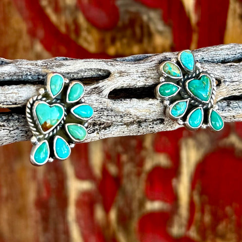 Women's Nizhoni earrings turquoise cluster stud earrings in blue, handcrafted sterling silver construction provides long-lasting durability while maintaining a polished finish, genuine Kingman turquoise stones deliver vibrant color with natural variation - NZERHRTCLUT. Available at Blair's Western Wear, Marble Falls, TX.