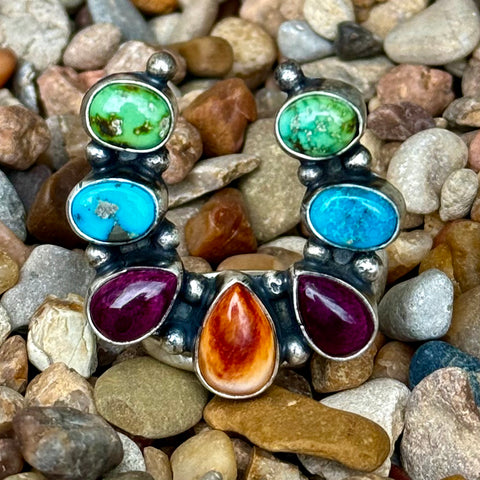 Women's Nizhoni Naja multi stone sterling silver ring in multi color, handcrafted sterling silver construction for durability, with bezel-set natural stones creating bold turquoise and gemstone contrast - NZRNNAJA. Available at Blair's Western Wear, Marble Falls, TX.