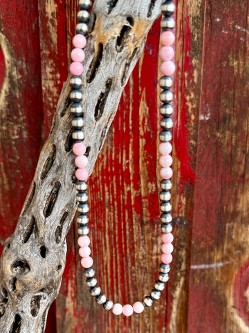 Women's Nizhoni Necklace Beaded Necklace in Pink, hand-strung Queen Pink Conch beads for soft natural color, with sterling silver pearl beads for classic Southwestern shine - NZNKPIK. Available at Blair's Western Wear, Marble Falls, TX.