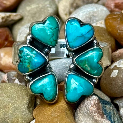Women's Nizhoni ring turquoise heart adjustable ring in blue, crafted with genuine Kingman turquoise stones, with adjustable sterling silver band for flexible fit - NZRNHRTCIR. Available at Blair's Western Wear, Marble Falls, TX.