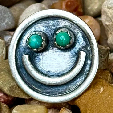 Women's Nizhoni ring turquoise smiley face adjustable ring in blue, crafted from genuine Kingman turquoise for unique color, with adjustable sterling silver band for a comfortable fit - NKRNSMILE. Available at Blair's Western Wear, Marble Falls, TX.