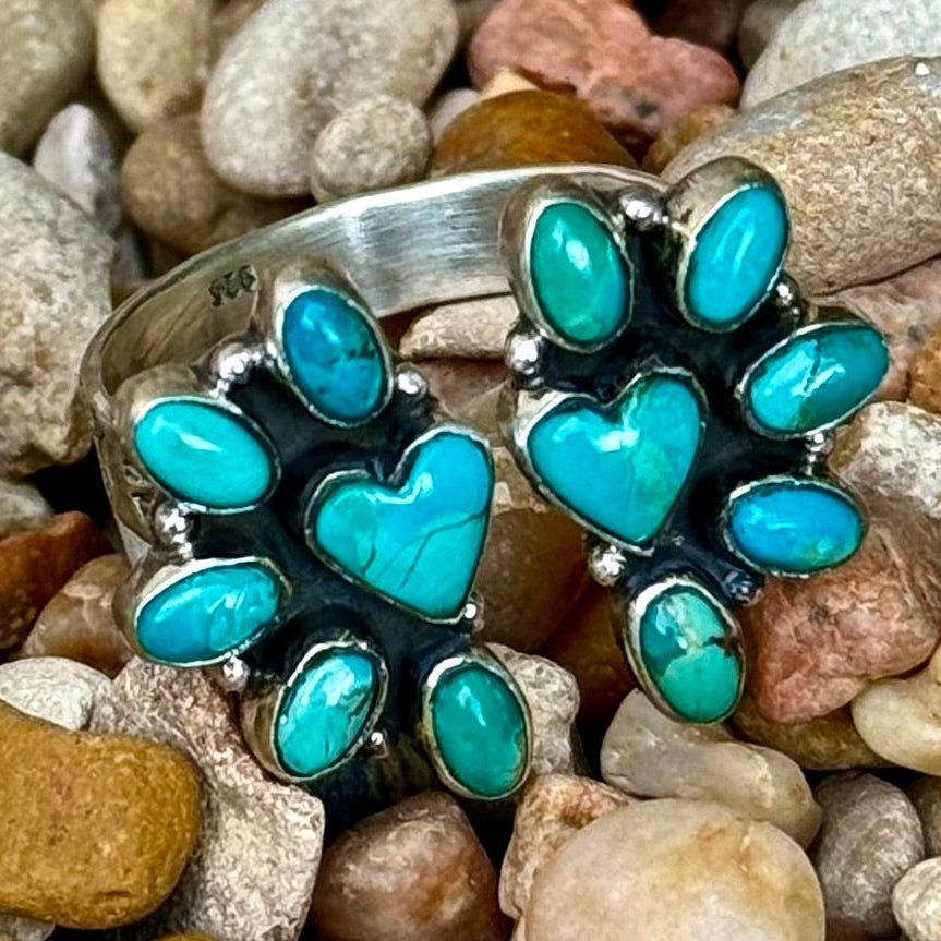 Women’s Nizhoni sterling silver heart cluster ring in turquoise, adjustable fit for versatile wear, handcrafted Kingman turquoise stones - NZRGHRT. Available at Blair's Western Wear, Marble Falls, TX.