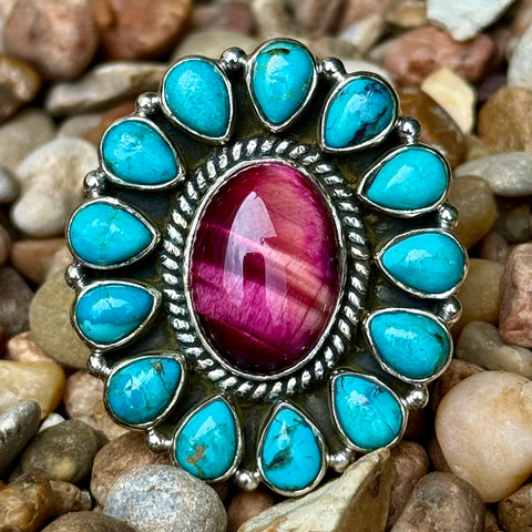 Women’s Nizhoni ring turquoise and pink tiger’s eye cluster ring in blue and magenta, features adjustable sterling silver band, with hand-stamped detailing - NZRNCHUNK. Available at Blair's Western Wear, Marble Falls, TX.