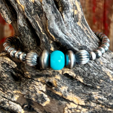 Women's Nizhoni Traders bracelet turquoise sterling silver beaded bracelet in blue, genuine Kingman turquoise center stone adds bold Southwestern color, with sterling silver pearl beads for durability and everyday comfort - NZBRSMPEARL. Available at Blair's Western Wear, Marble Falls, TX.
