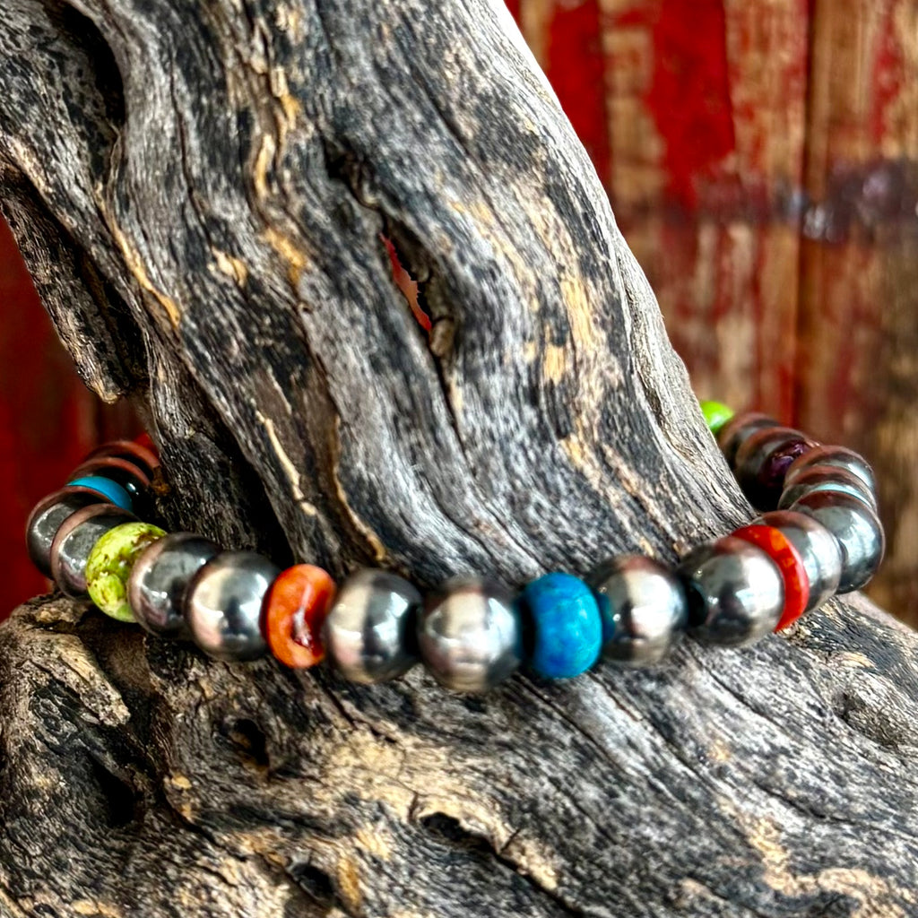 Women's Nizhoni Traders bracelet stretch bracelet in multicolor, genuine sterling silver Navajo pearl beads create a classic Southwestern look, with vibrant multicolor natural stones for bold contrast - NZBRPRLCOL. Available at Blair's Western Wear, Marble Falls, TX.