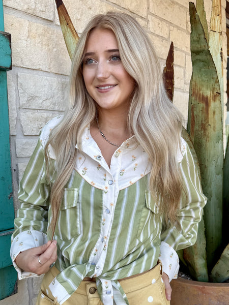 HH2709O — Women's olive green and white vertical stripe retro western snap shirt with contrast white floral daisy print yoke, collar, cuffs, and placket, silver snap button closure, two chest patch pockets with snaps, and relaxed oversized fit — Blair's Western Wear Marble Falls TX