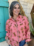 630410 — Women's pink coral tiger print long sleeve button-front shirt with allover orange and gold tiger print, Aztec-inspired embroidery trim on button placket, collar neckline, and chest patch pocket, styled with layered gold necklaces and medium wash wide leg jeans — Blair's Western Wear Marble Falls TX